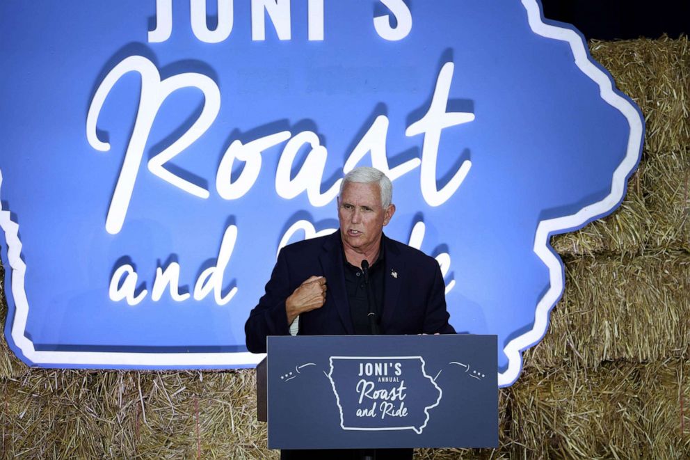 PHOTO: Former Vice President Mike Pence speaks to guests during the Joni Ernsts Roast and Ride event, June 03, 2023 in Des Moines, Iowa.