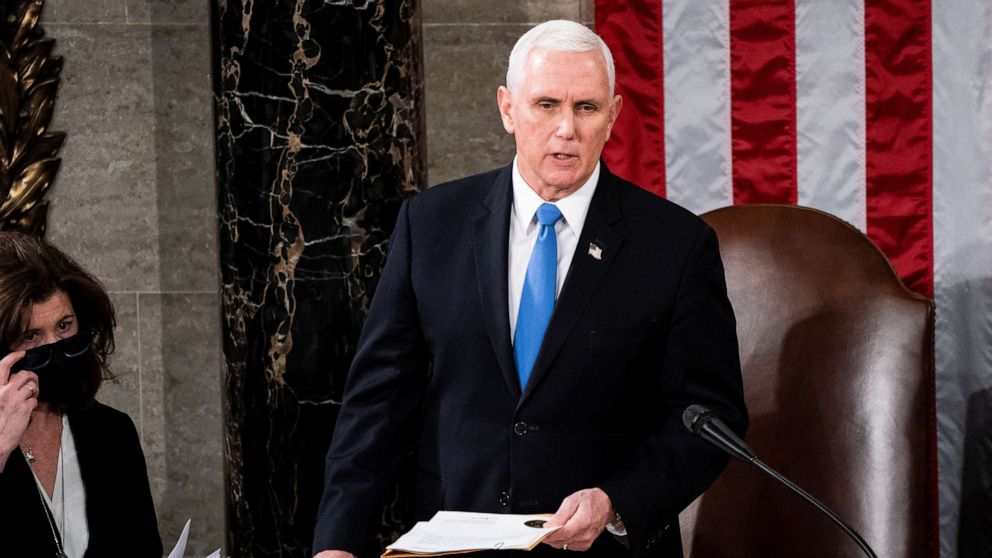 PHOTO: Vice President Mike Pence presides over a joint session of Congress on Jan. 06, 2021, in Washington, D.C.