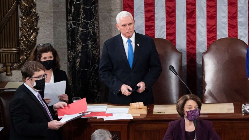 PHOTO: Vice President Mike Pence presides over a joint session of Congress on Jan. 06, 2021, in Washington, D.C.