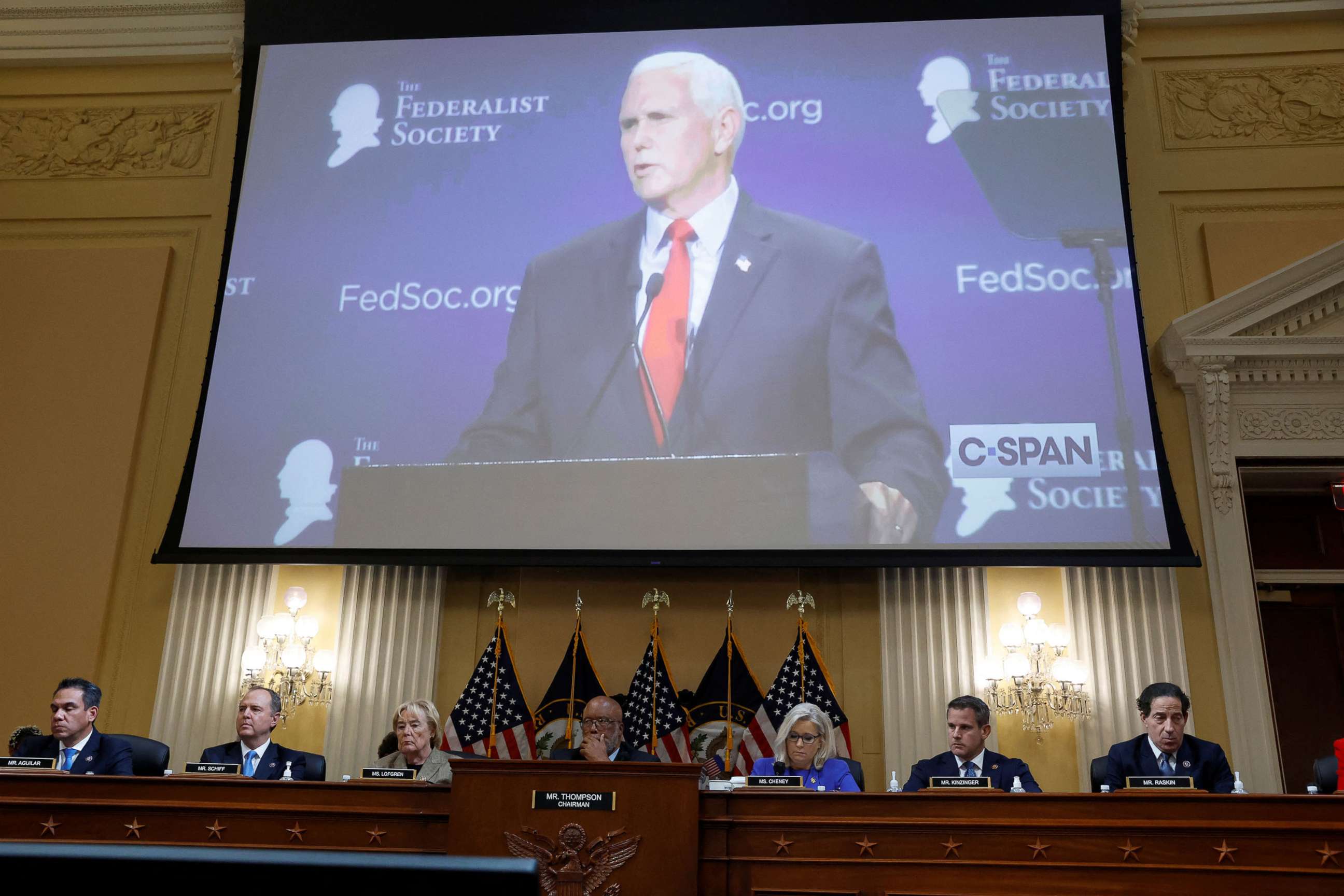 PHOTO: Former Vice President Mike Pence speaks in a video during the public hearing of the U.S. House Select Committee to Investigate the January 6 Attack on the United States Capitol, on Capitol Hill in Washington, D.C., June 9, 2022.