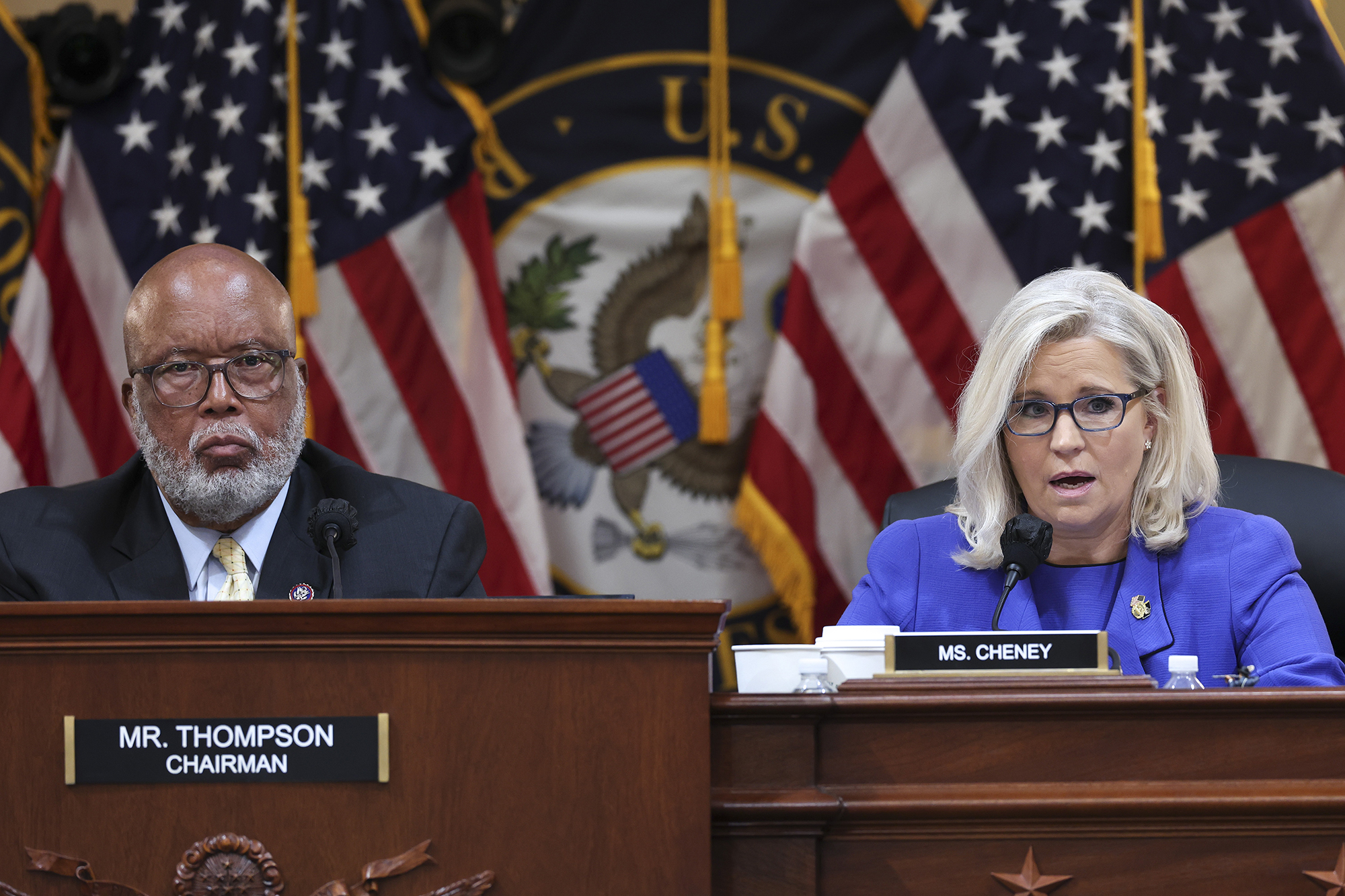 PHOTO: Rep. Bennie Thompson, Chair of the Select Committee to Investigate the January 6th Attack on the U.S. Capitol, and Vice Chairwoman Rep. Liz Cheney preside over a hearing on Capitol Hill, June 9, 2022.