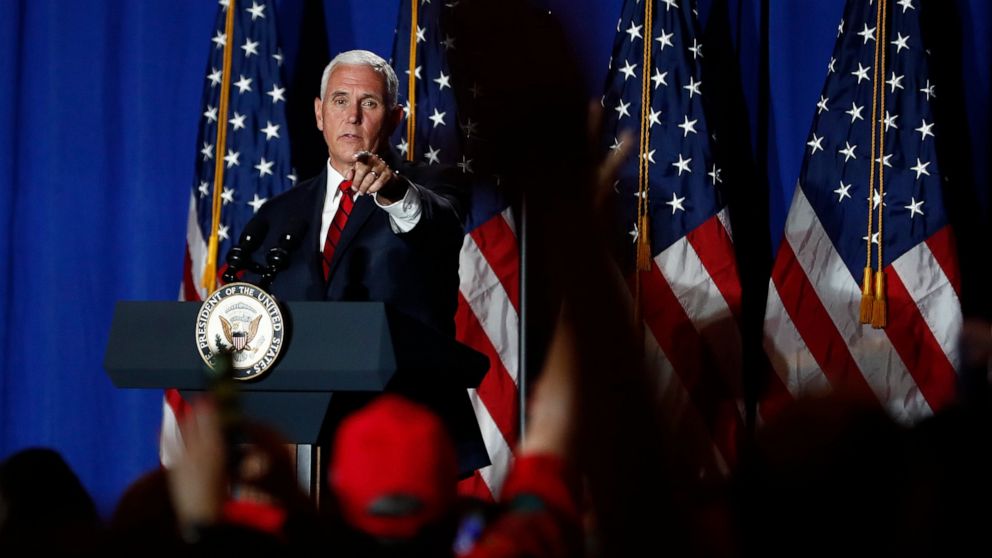 PHOTO: Vice President Mike Pence speaks during a rally on Tuesday, June 25, 2019 in Miami.