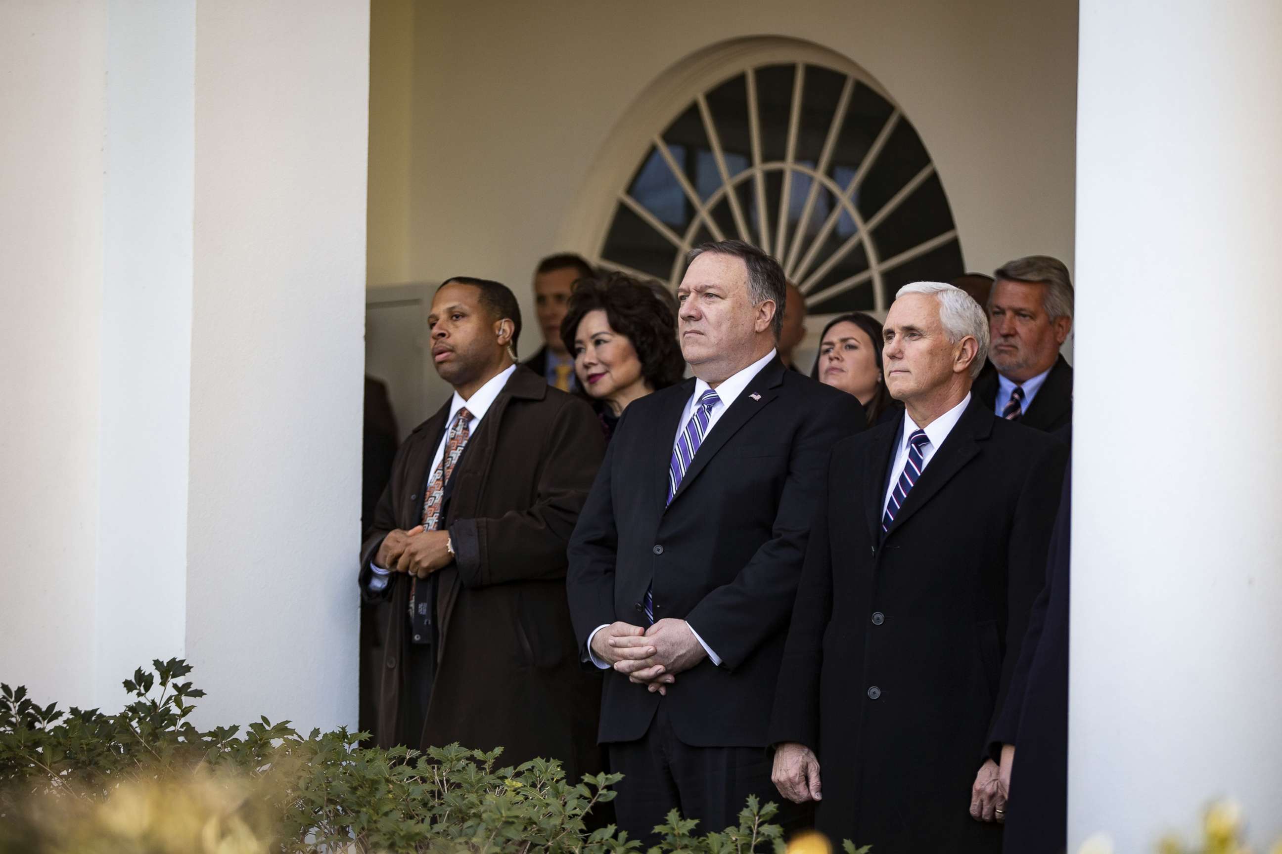 PHOTO: In this Jan. 25, 2019, file photo, Mike Pompeo and Mike Pence attend an event in the Rose Garden at the White House in Washington, D.C.