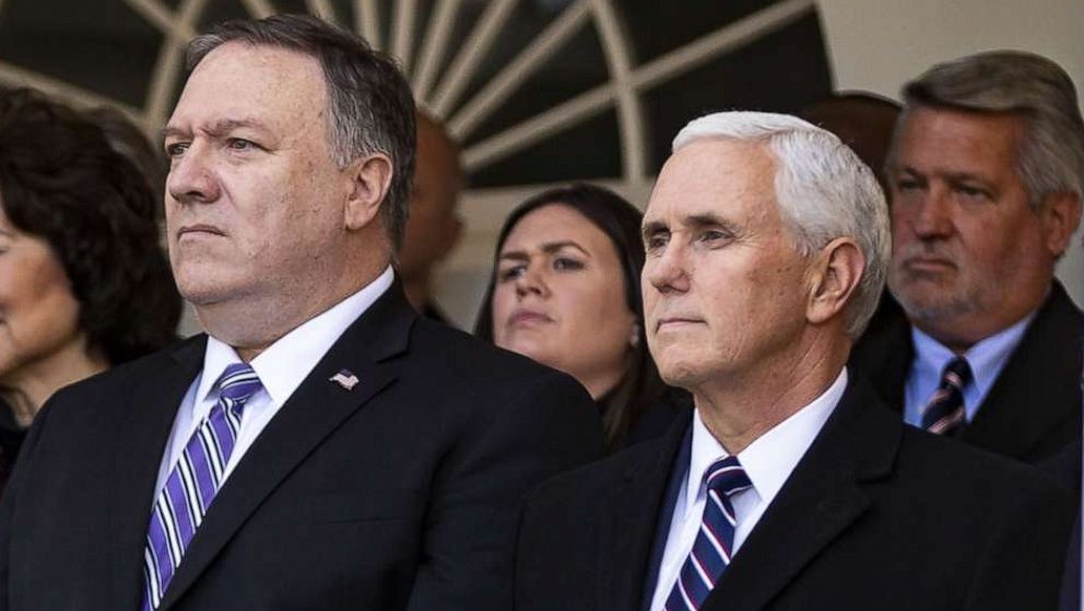 PHOTO: In this Jan. 25, 2019, file photo, Mike Pompeo and Mike Pence attend an event in the Rose Garden at the White House in Washington, D.C.