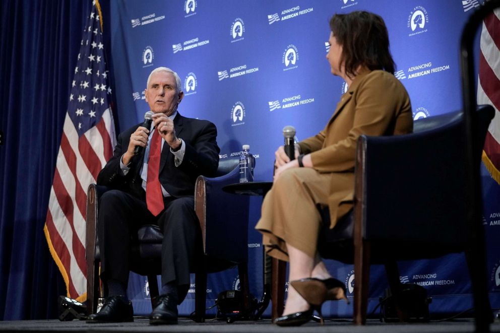 PHOTO: Former Vice President Mike Pence speaks in conversation with Marjorie Dannenfelser, president of the Susan B. Anthony List, at the National Press Club on Nov. 30, 2021, in Washington, D.C.