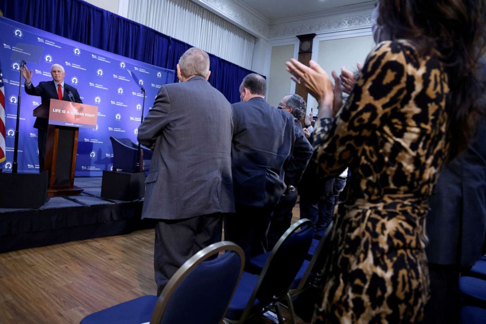 PHOTO: Former Vice President Mike Pence receives a standing ovation after delivering remarks on abortion at the National Press Club in Washington, D.C., Nov. 30, 2021.