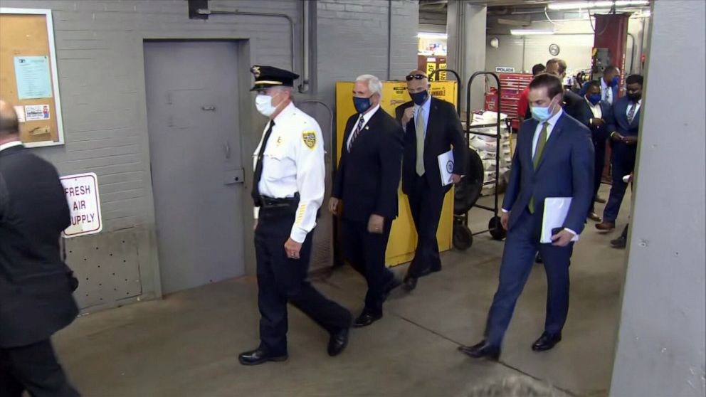 PHOTO: Vice President Mike Pence wears a mask during a trip to Youngstown, Ohio, June 25, 2020.