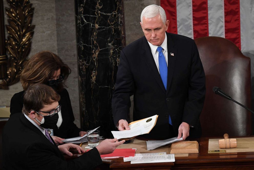 PHOTO: Vice President Mike Pence presides over a joint session of Congress on Jan. 06, 2021, in Washington, DC.