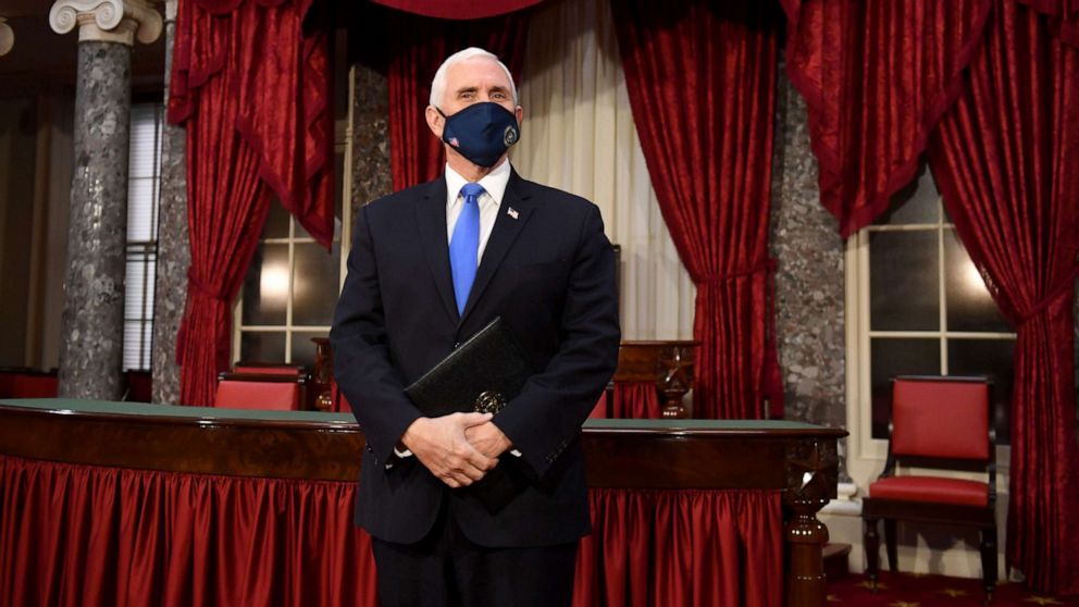 PHOTO: Vice President Mike Pence arrives to hold mock swearing-in ceremonies for Senators in the Old Senate Chambers at the Capitol in Washington, Jan. 3, 2021.