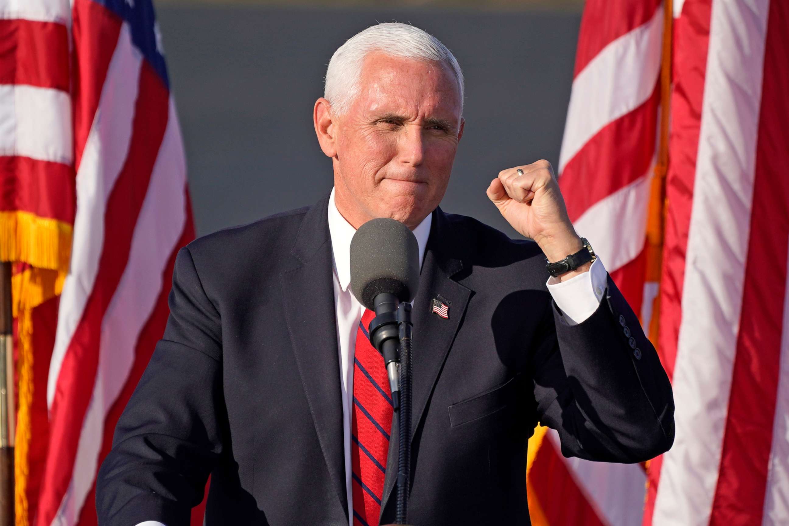 PHOTO: Vice President Mike Pence gestures as he speaks at a campaign rally at Allegheny County Airport in West Mifflin, Pa., Friday, Oct. 23, 2020.