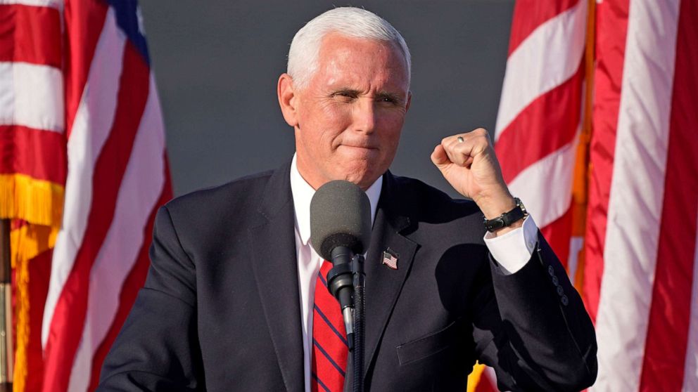 PHOTO: Vice President Mike Pence gestures as he speaks at a campaign rally at Allegheny County Airport in West Mifflin, Pa., Friday, Oct. 23, 2020.