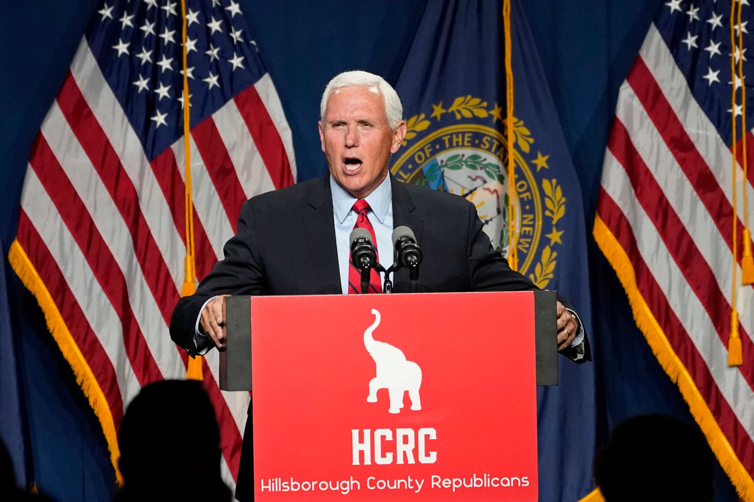 PHOTO: Former Vice President Mike Pence speaks at the annual Hillsborough County NH GOP Lincoln-Reagan Dinner, Thursday, June 3, 2021, in Manchester, N.H.