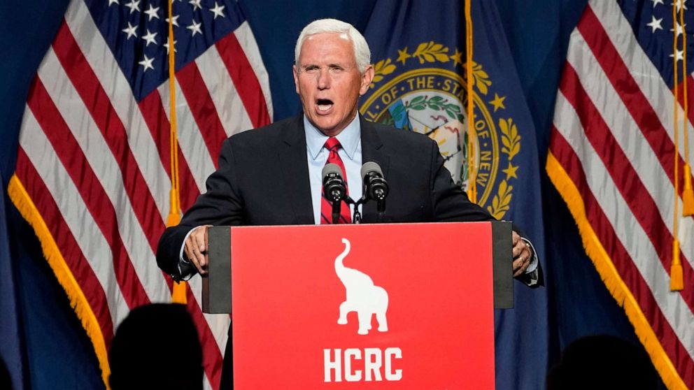 PHOTO: Former Vice President Mike Pence speaks at the annual Hillsborough County NH GOP Lincoln-Reagan Dinner, Thursday, June 3, 2021, in Manchester, N.H.