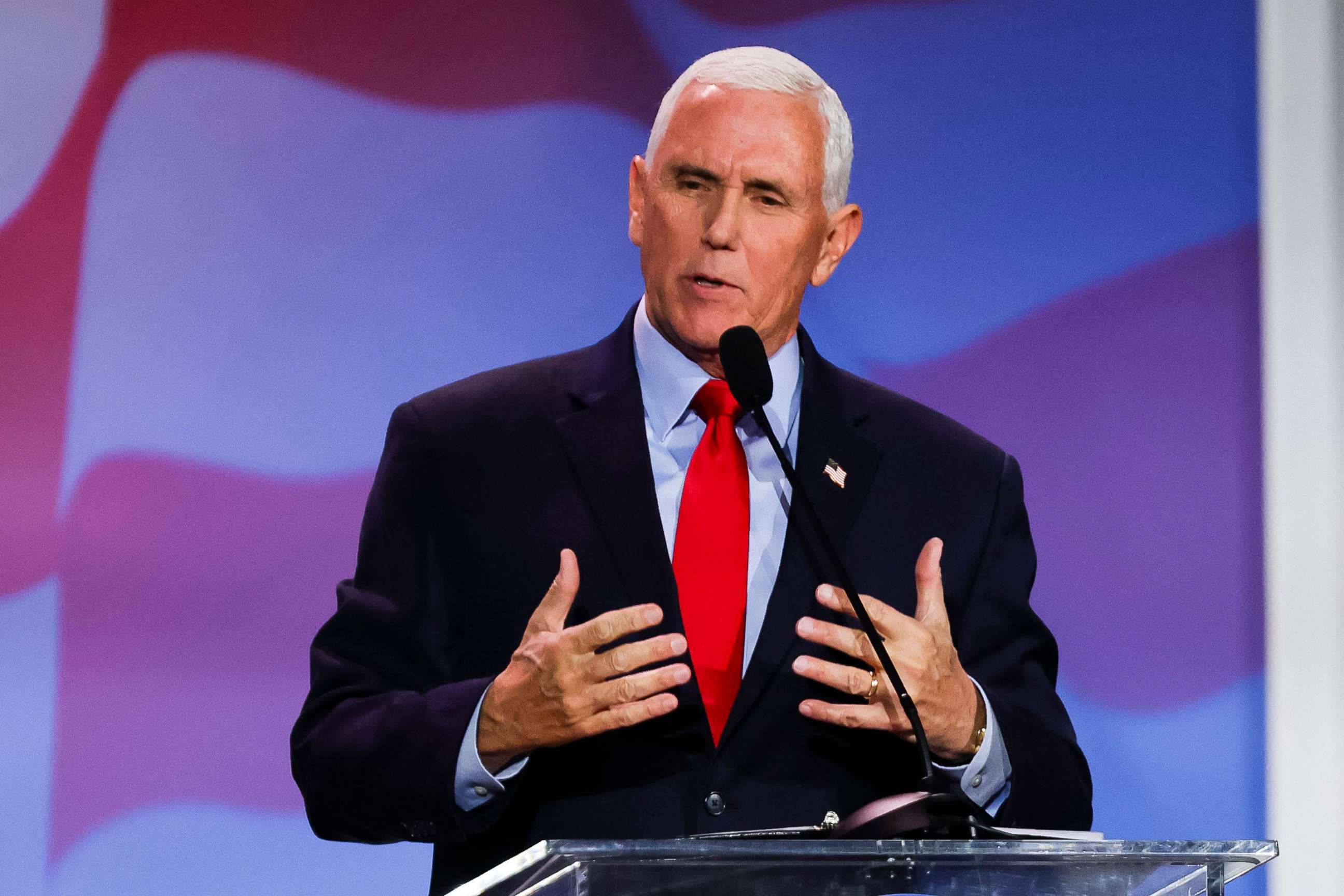 PHOTO: Former Vice President Mike Pence gestures as he speaks during a Republican Jewish Coalition Annual Leadership Meeting in Las Vegas on Nov. 18, 2022. 