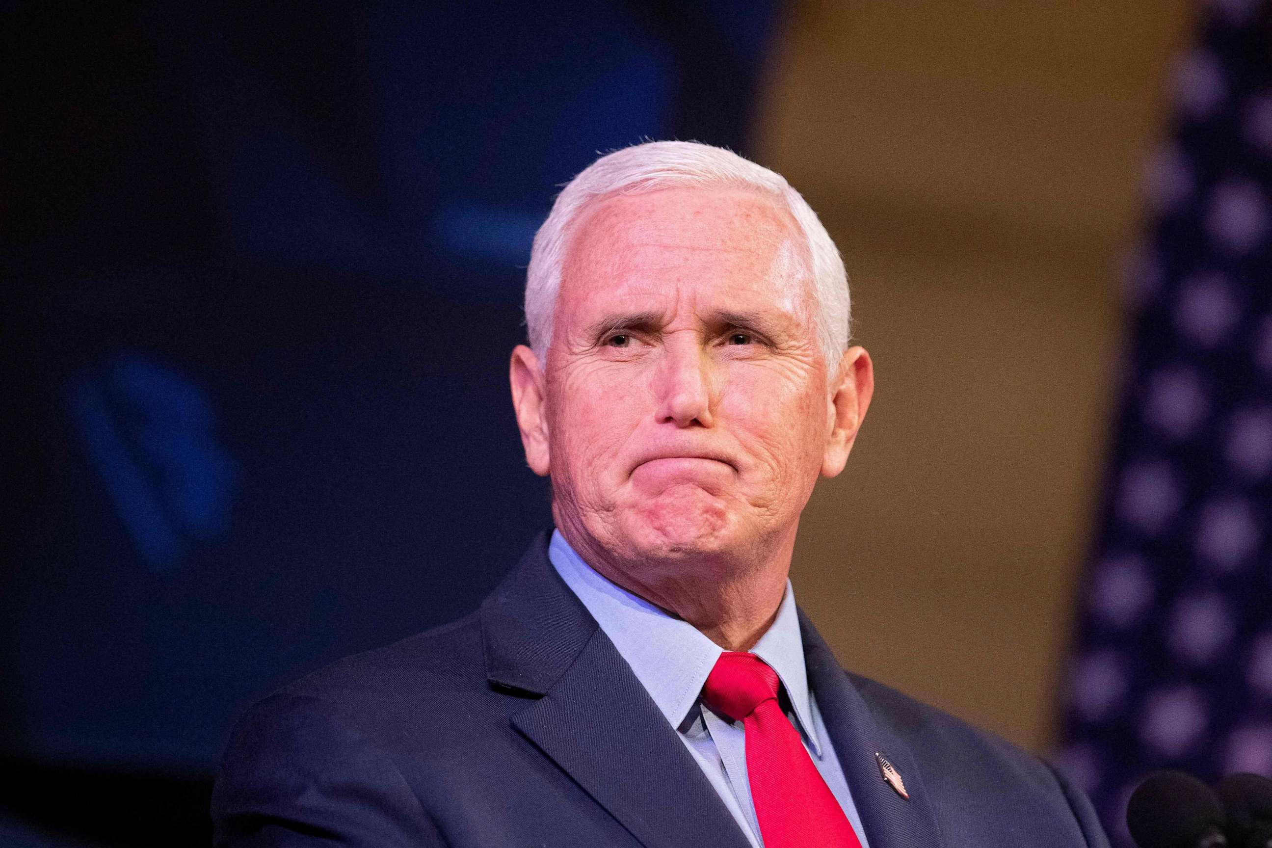 PHOTO: In this file photo taken on April 12, 2022, former Vice President Mike Pence speaks at a campus lecture hosted by Young Americans for Freedom at the University of Virginia in Charlottesville, Va.