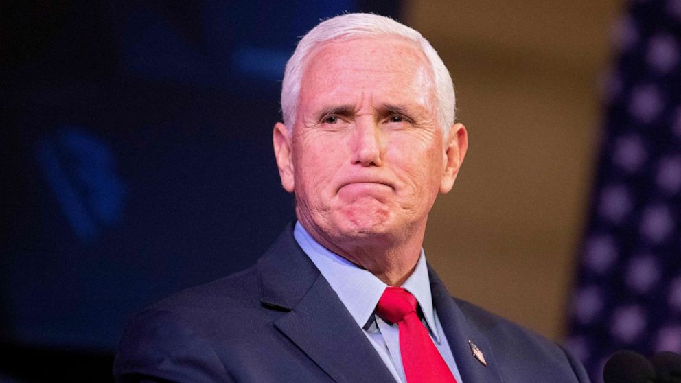 PHOTO: In this file photo taken on April 12, 2022, former Vice President Mike Pence speaks at a campus lecture hosted by Young Americans for Freedom at the University of Virginia in Charlottesville, Va.