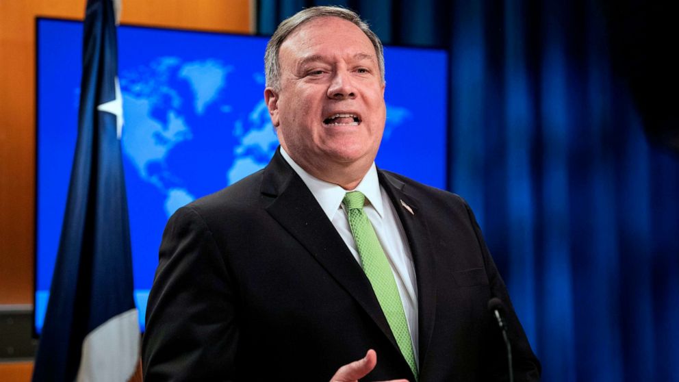 PHOTO: Secretary of State Mike Pompeo speaks during a press briefing at the State Department, May 20, 2020, in Washington.