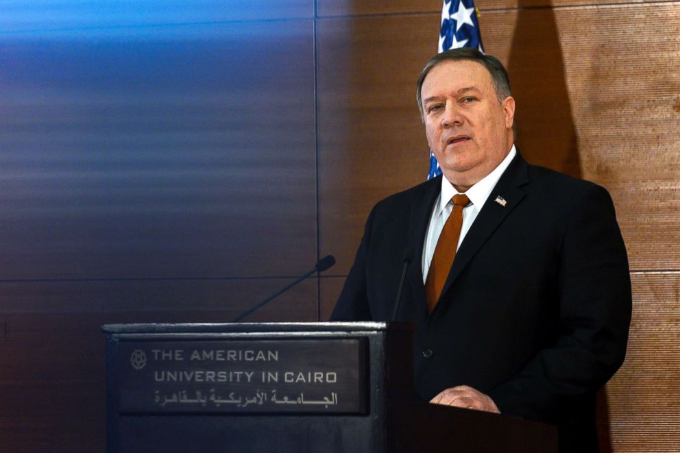 PHOTO: Secretary of State Mike Pompeo speaks to students at the American University Cairo, in the eastern suburb of New Cairo, Egypt, Jan. 10, 2019.