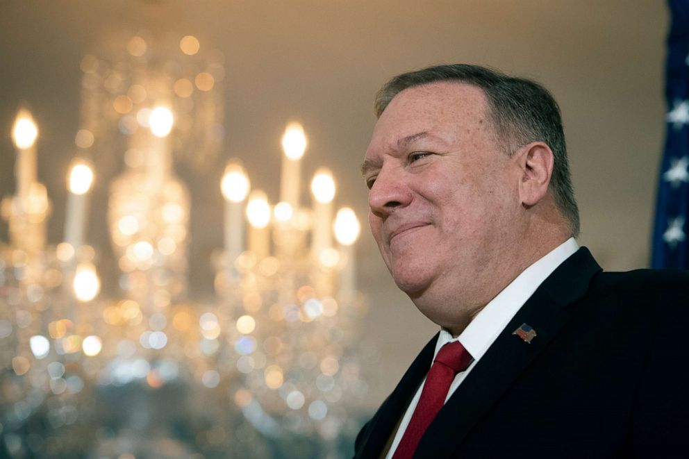 PHOTO: Secretary of State Mike Pompeo pauses as he meets with President Patrice Talon at the State Department in Washington, Jan. 28, 2020.