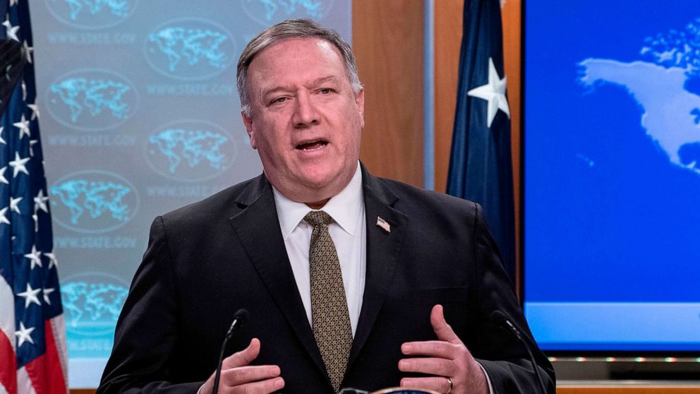 PHOTO: Secretary of State Mike Pompeo speaks during a press briefing at the State Department, April 22, 2020, in Washington.