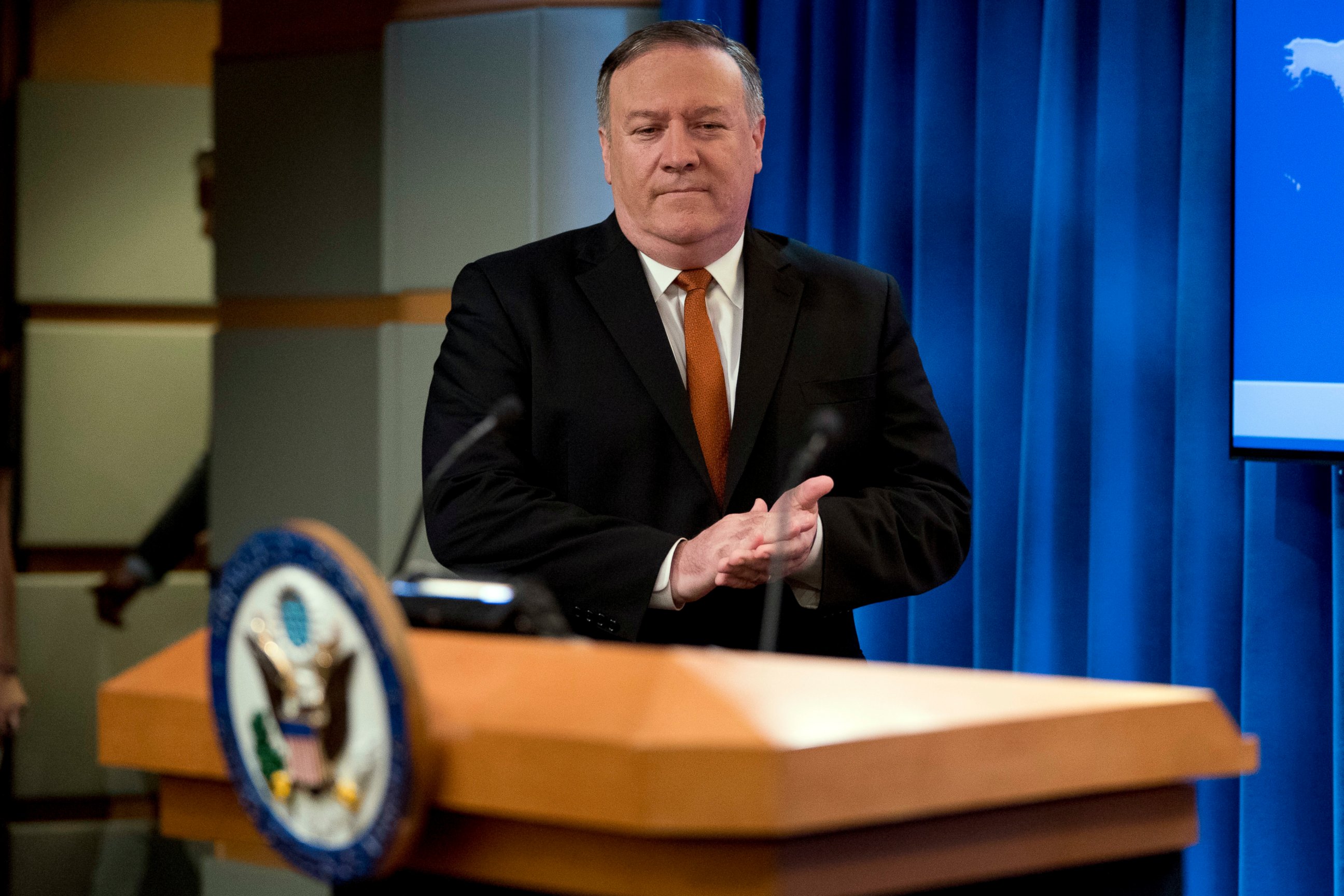 PHOTO: Secretary of State Mike Pompeo arrives to speak at a news conference in the press briefing room at the State Department in Washington, Friday, Sept. 14, 2018, in Washington