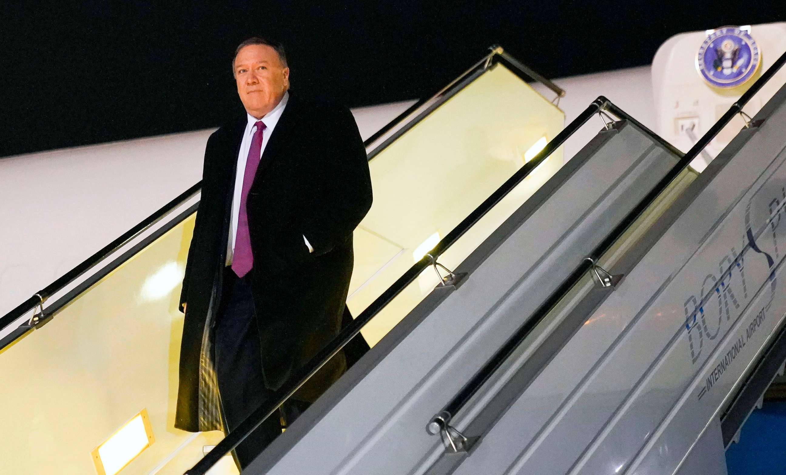 PHOTO: Secretary of State Mike Pompeo steps off a plane upon arrival in Kyiv, Ukraine on Jan 30, 2020.