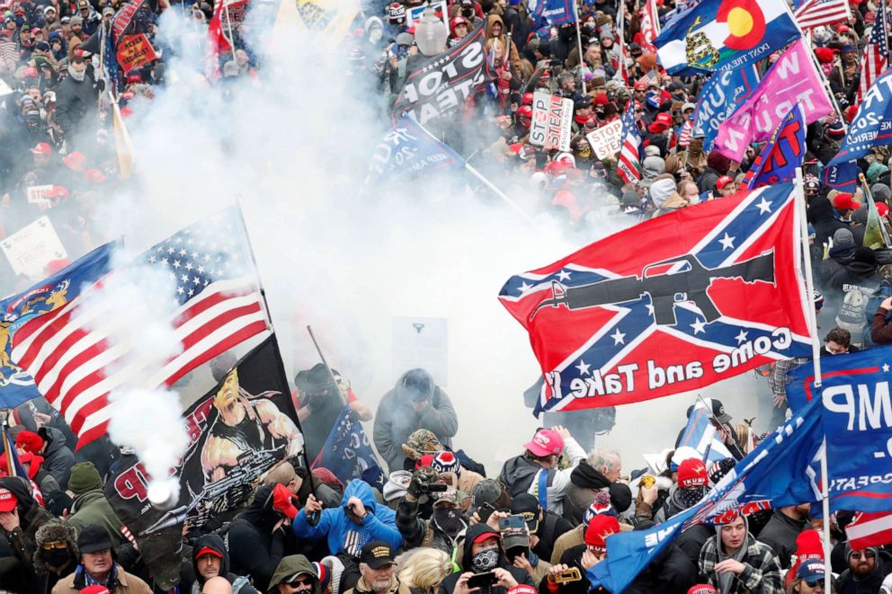 PHOTO: Tear gas is released into a crowd of protesters during clashes with Capitol police at a rally to contest the certification of the 2020 presidential election results by Congress at the Capitol, Jan. 6, 2021.