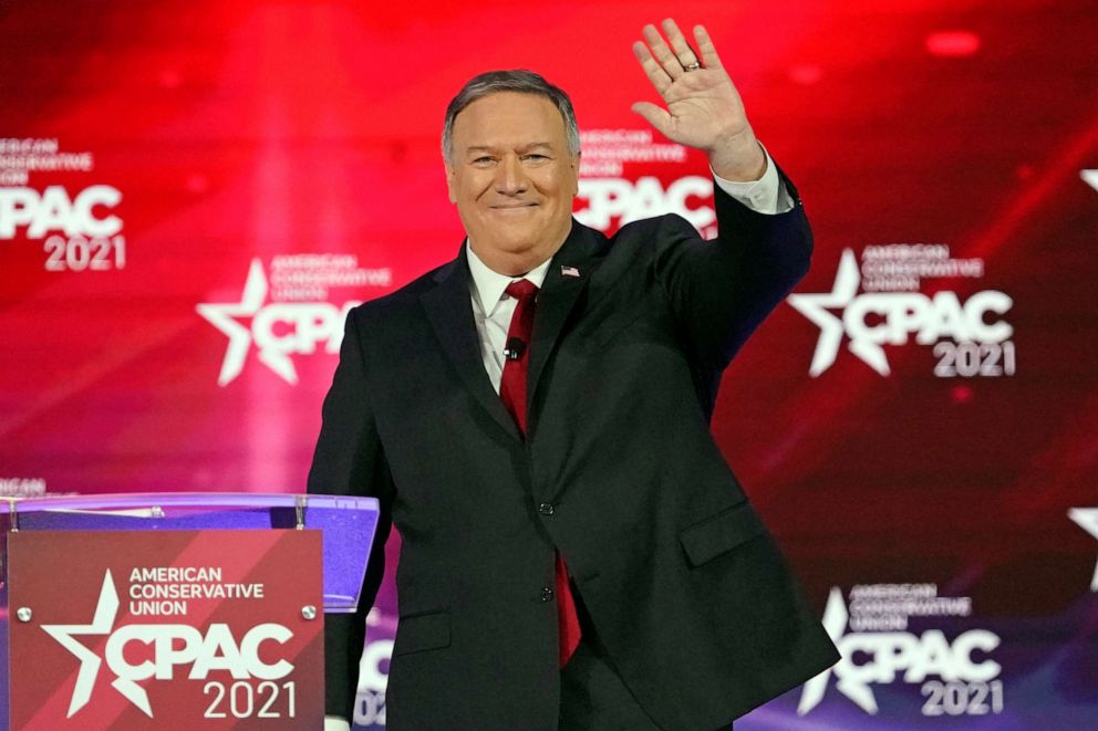 Former Secretary of State Mike Pompeo waves as he is introduced at the Conservative Political Action Conference on Feb. 27, 2021, in Orlando, Florida.