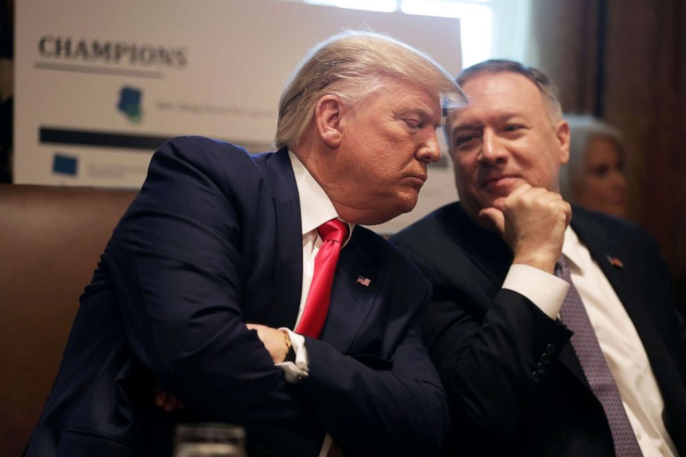 PHOTO: President Donald Trump listens to Secretary of State Mike Pompeo during a cabinet meeting at the Cabinet Room of the White House, Oct. 21, 2019, in Washington.