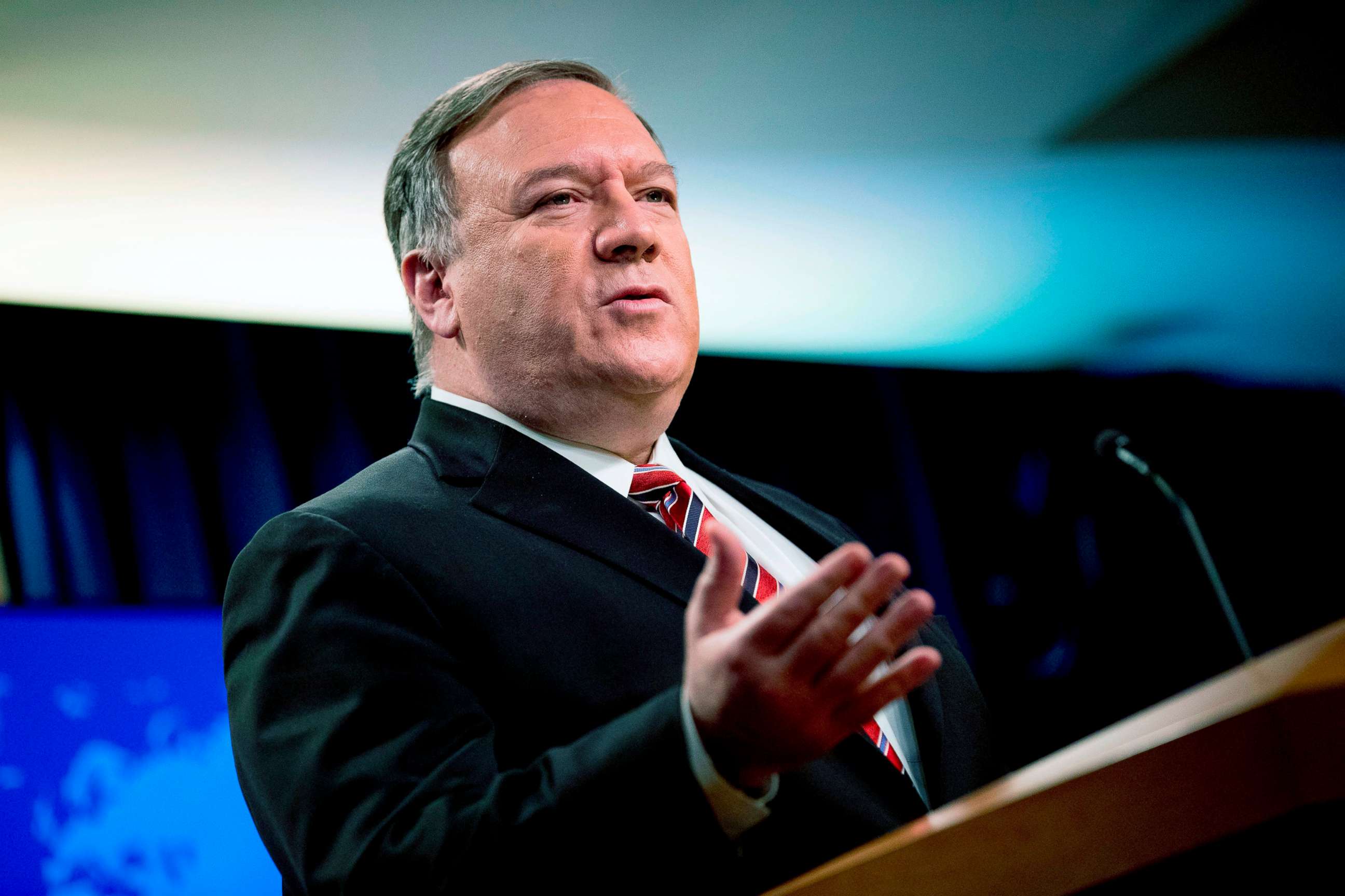 PHOTO: Secretary of State Mike Pompeo speaks at a news conference at the State Department on April 29, 2020, in Washington.