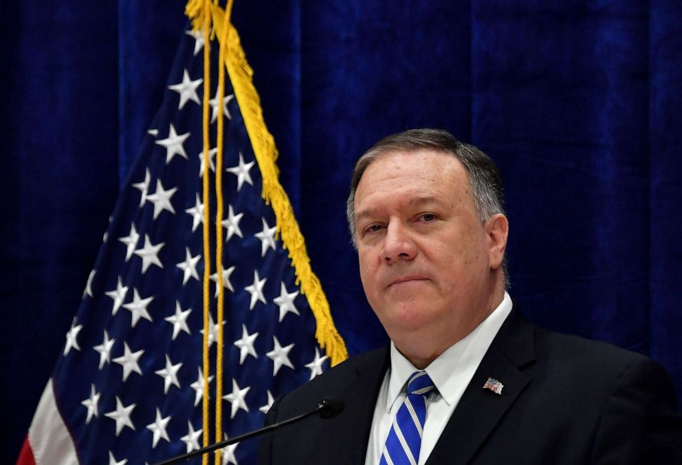 PHOTO: Secretary of State Mike Pompeo addresses the press following the US-Taliban deal signing ceremony in the Qatari capital Doha, Feb. 29, 2020.
