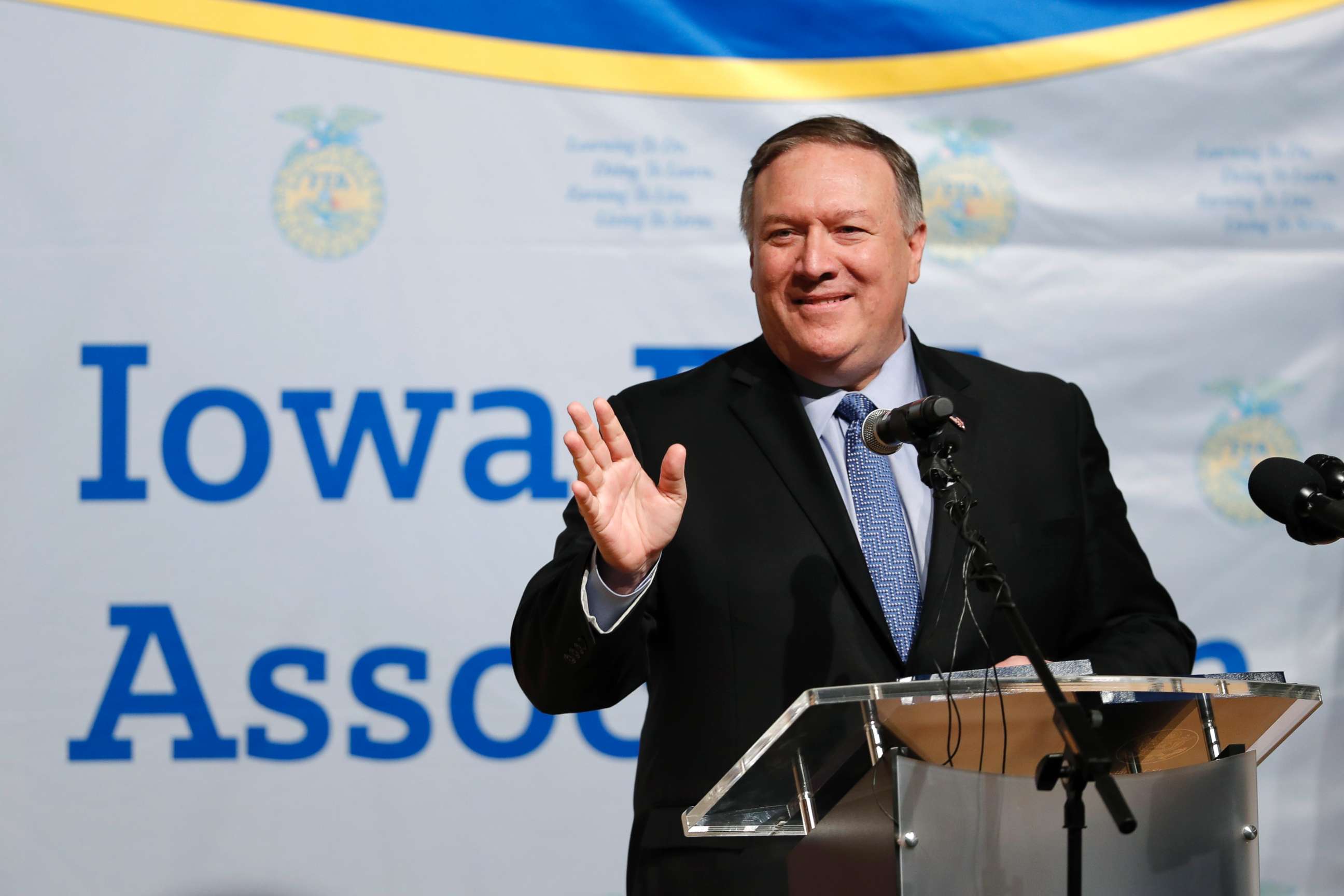 PHOTO: U.S. Secretary of State Mike Pompeo speaks to the Future Farmers of America and Johnston High School students, March 4, 2019, in Johnston, Iowa.