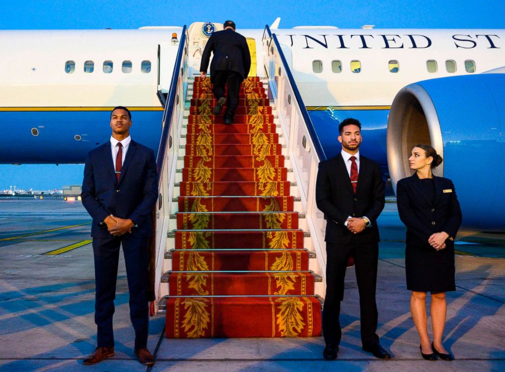 PHOTO: Secretary of State Mike Pompeo boards his plane as he departs Manama International Airport in Bahrain on Jan. 11, 2019.