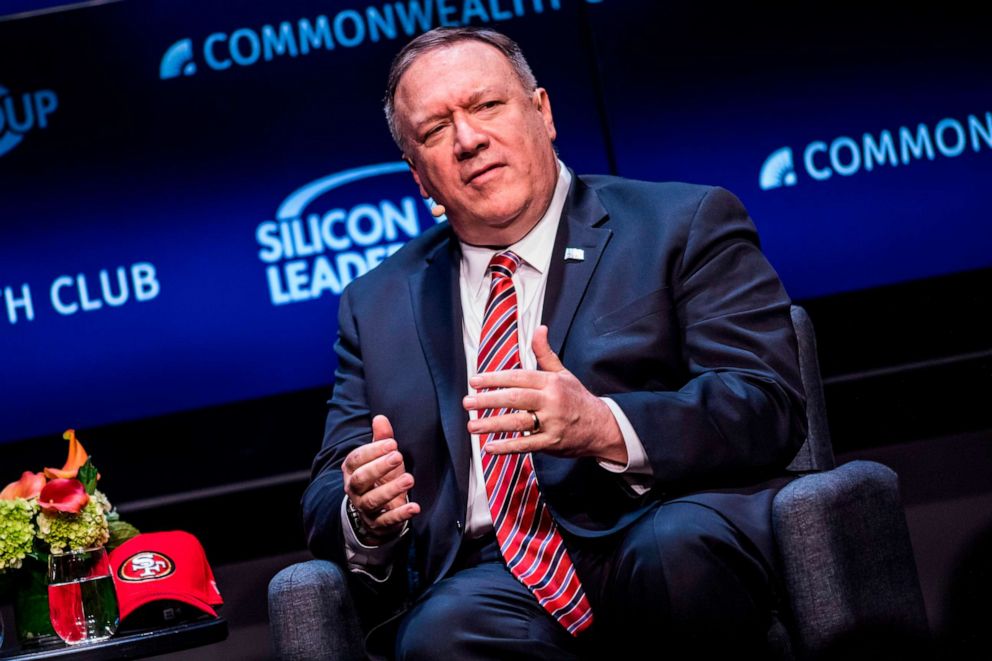 PHOTO: Secretary of State Mike Pompeo answers questions on stage during an event at the Commonwealth Club in San Francisco on Jan. 13, 2020.