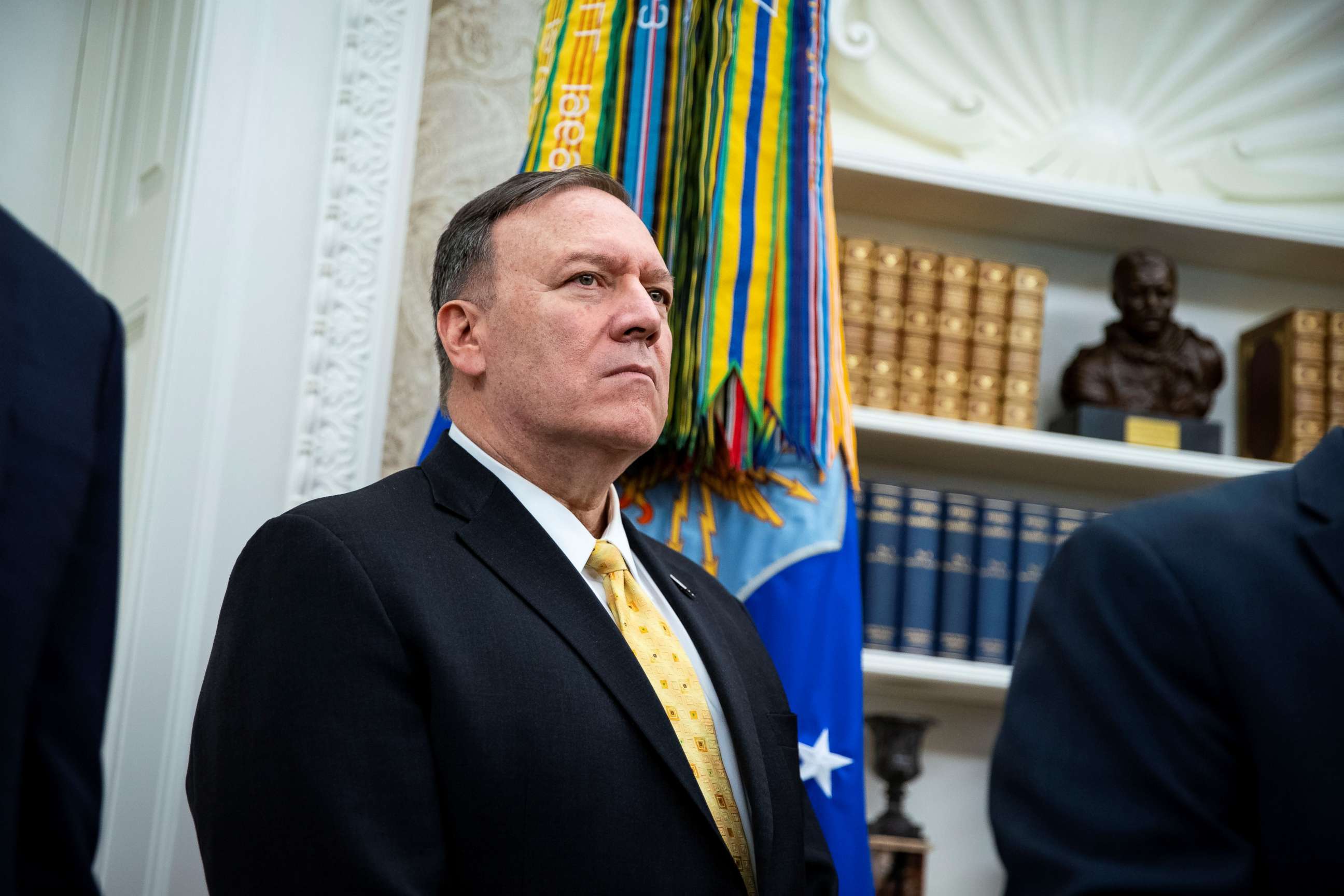 PHOTO: Secretary of State Mike Pompeo listens as President Donald Trump meets with Bahrain Crown Prince Salman bin Hamad Al Khalifa during a meeting in the Oval Office of the White House, Sept. 16, 2019.