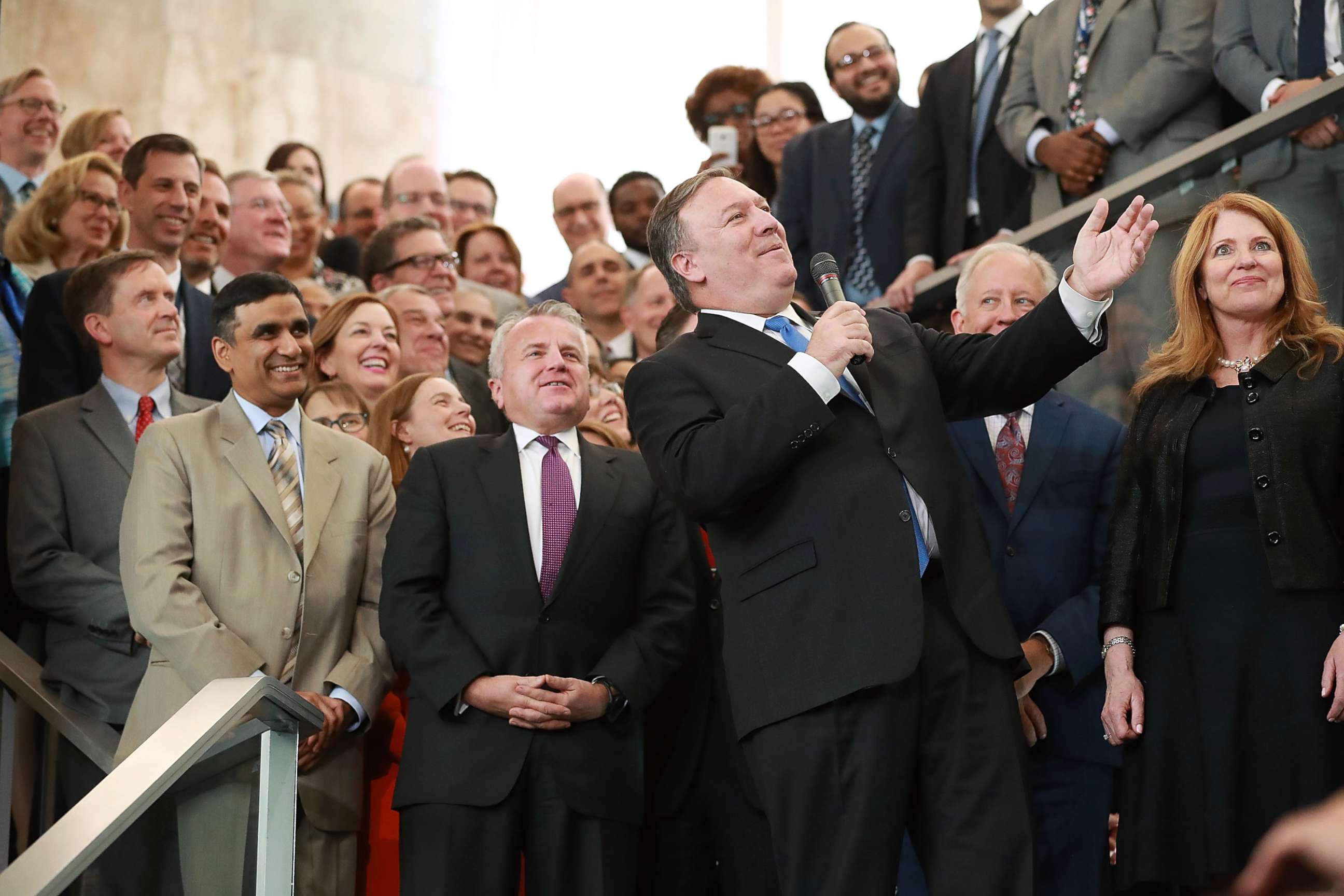 PHOTO: Secretary of State Mike Pompeo delivers remarks during a welcome ceremony in the lobby of the Harry S. Truman Building May 1, 2018 in Washington.