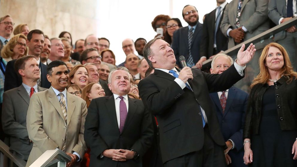 PHOTO: Secretary of State Mike Pompeo delivers remarks during a welcome ceremony in the lobby of the Harry S. Truman Building May 1, 2018 in Washington.