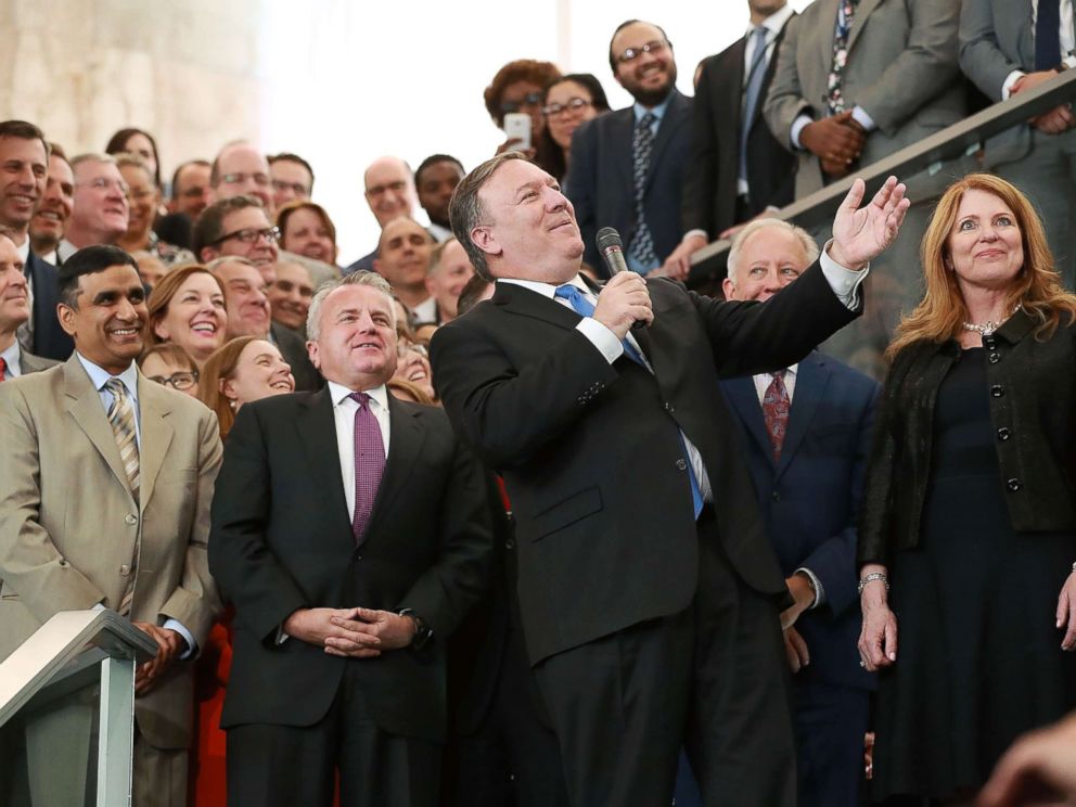 PHOTO: Secretary of State Mike Pompeo delivers remarks during a welcome ceremony in the lobby of the Harry S. Truman Building May 1, 2018 in Washington.