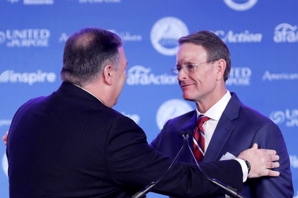 PHOTO: Family Research Council President Tony Perkins (right) welcomes U.S. Secretary of State Mike Pompeo to the stage during the Value Voters Summit at the Omni Shoreham Hotel in Washington, Sept. 21, 2018 .