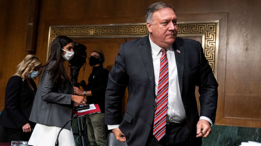 PHOTO: Secretary of State Mike Pompeo takes a break from testifying during a Senate Foreign Relations Committee hearing on the State Department's 2021 budget, in the Dirksen Senate Office Building, in Washington, July 30, 2020.