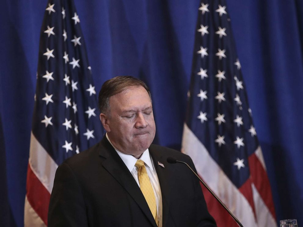 PHOTO: U.S. Secretary of State Mike Pompeo pauses during a press conference on the sidelines of the United Nations General Assembly on Sept. 26, 2019, in New York City.
