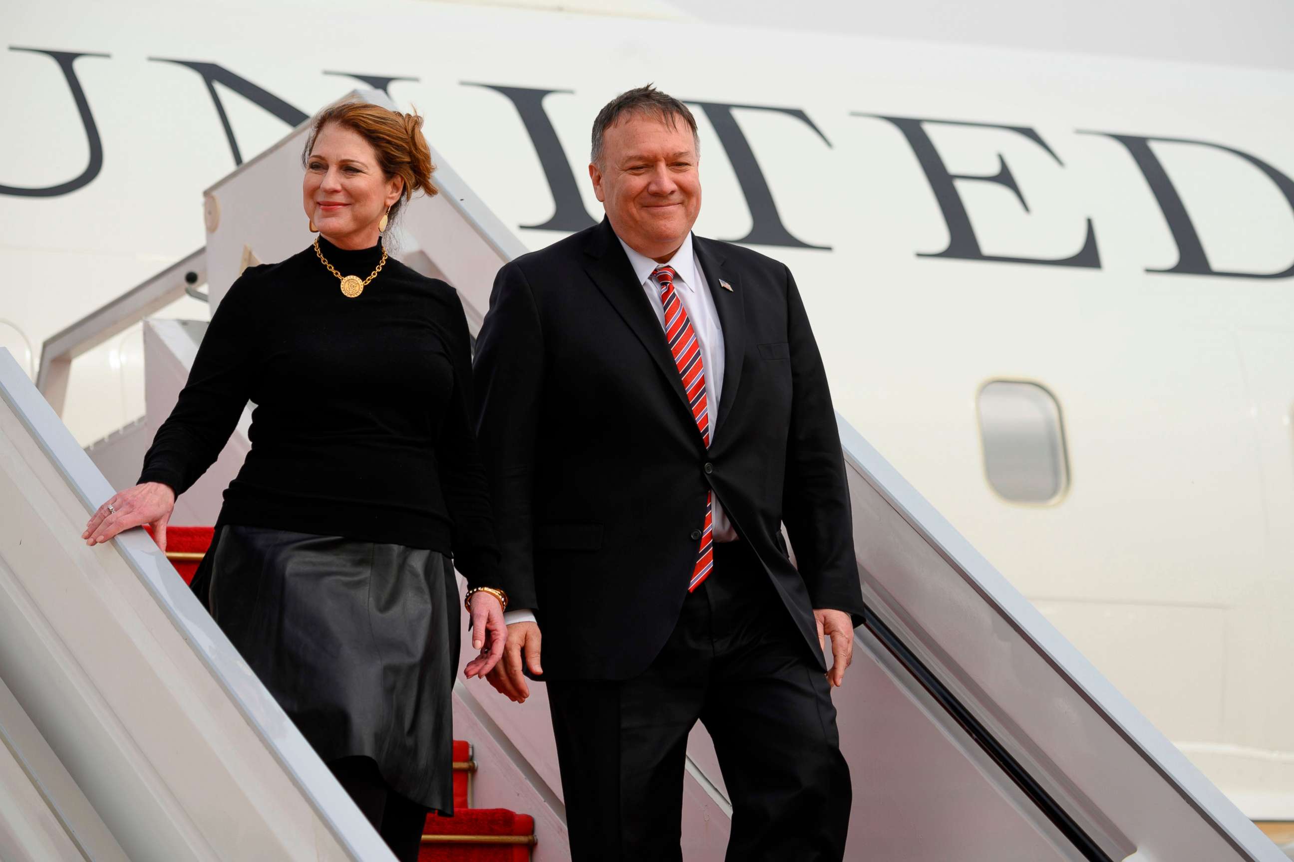 PHOTO: Secretary of State Mike Pompeo and his wife Susan Pompeo arrive at Blaise Diagne International Airport in Senegal on Feb. 15, 2020.