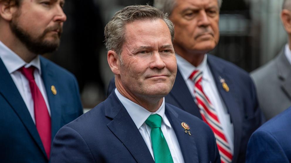 PHOTO: Rep. Michael Waltz, R-Fla., speaks outside the hush money criminal case of former president Donald Trump in New York, May 16, 2024. 