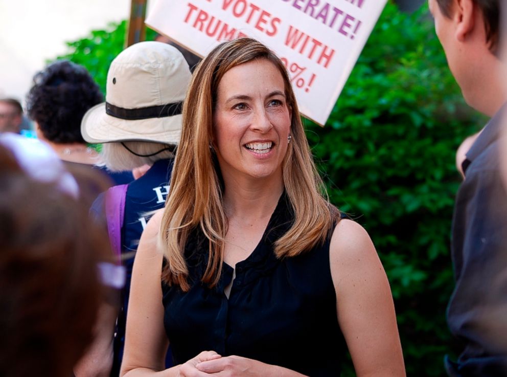 PHOTO: Mikie Sherrill joins protesters with NJ 11th for Change outside of Rep. Rodney Frelinghuysen's office, May 19, 2017, in Morristown, N.J.