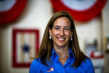 PHOTO: Mikie Sherrill, Democratic Democrat candidate, poses for a photo as she campaigns at the New Jersey Fair in Augusta, New Jersey, August 12, 2018.