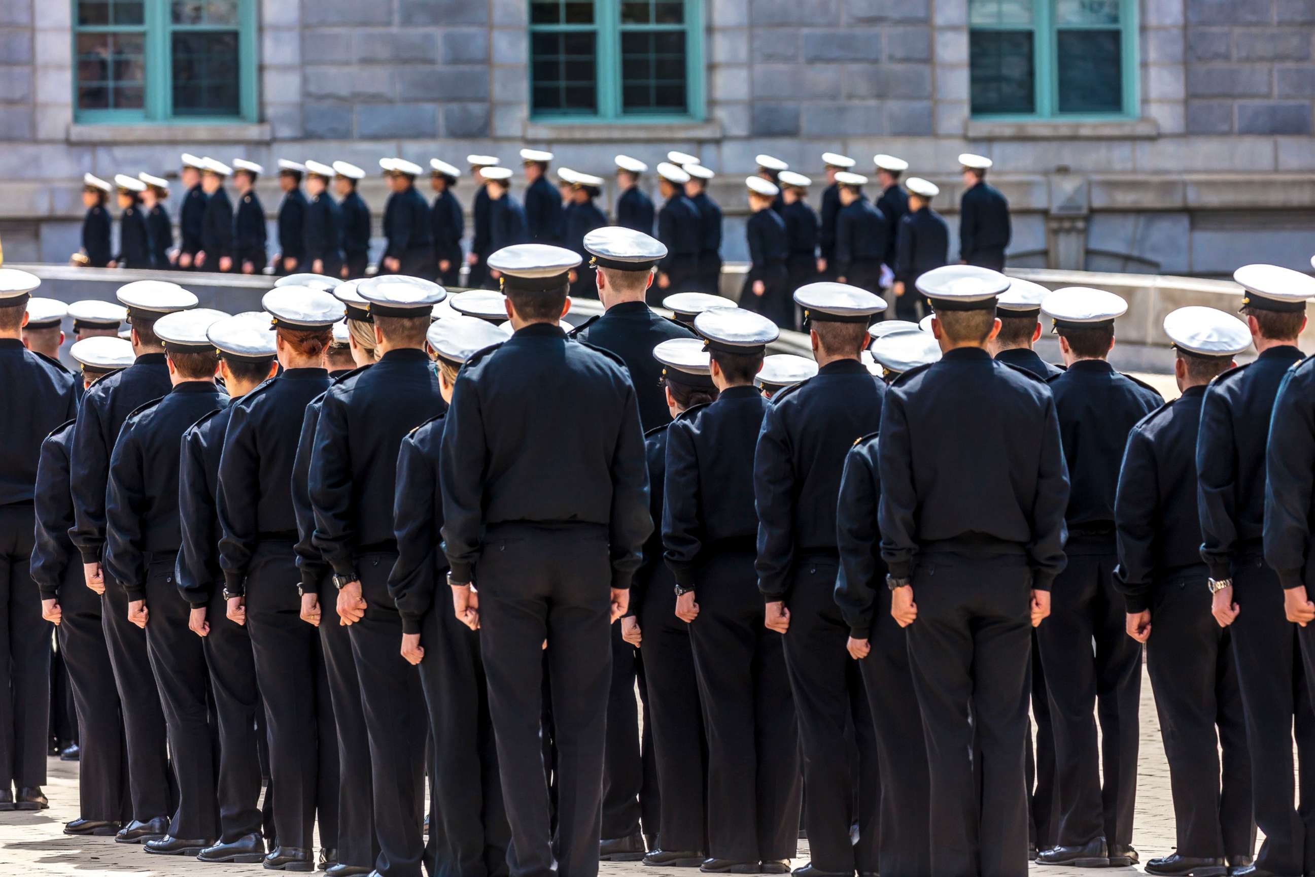 PHOTO: Midshipmen are seen in formation before lunchtime, US Naval Academy, Annapolis M.D.