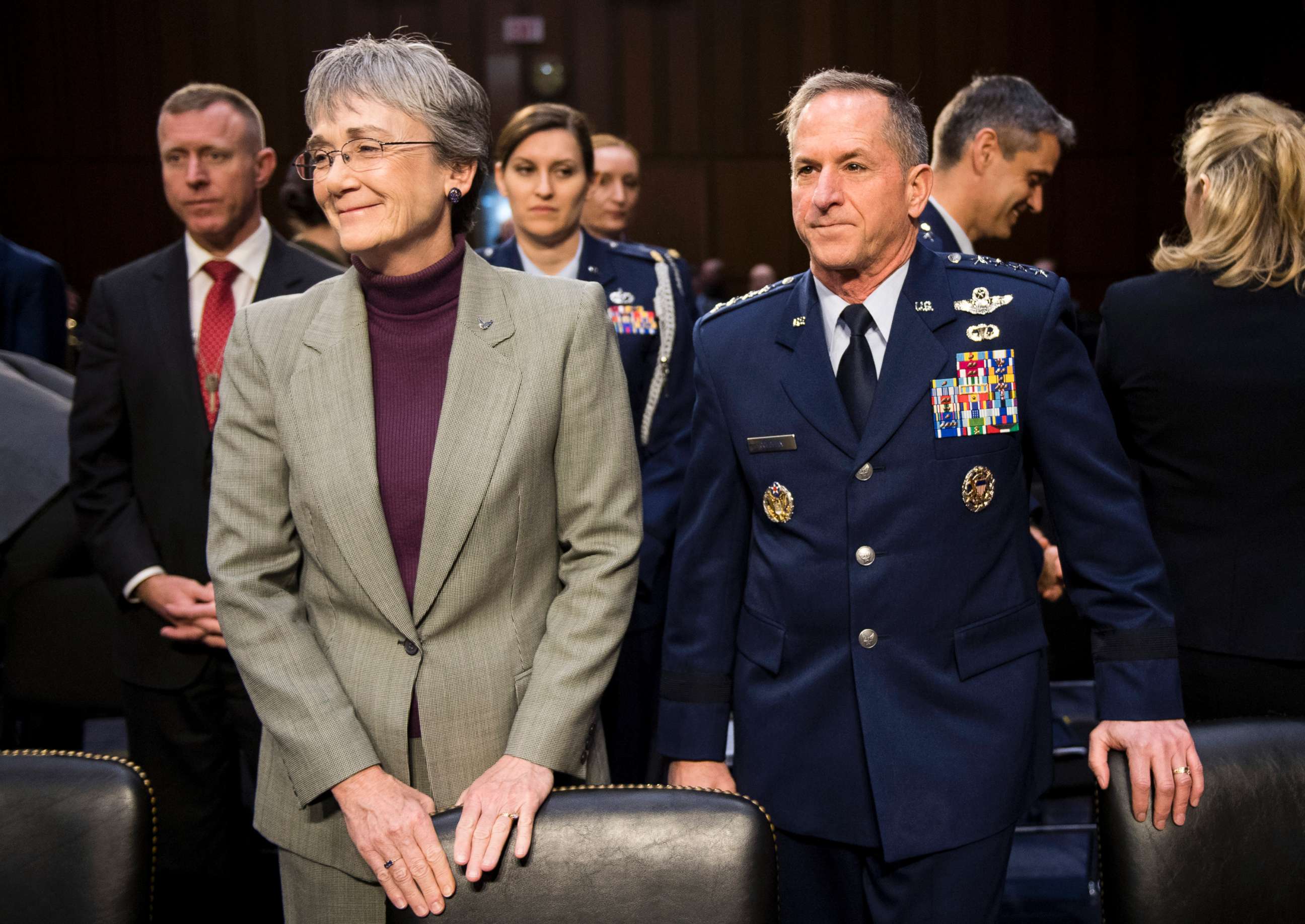 PHOTO: Secretary of the United States Air Force Heather Wilson and Chief of Staff of the Air Force Gen. David Goldfein prepare to testify during the Senate Armed Services Committee hearing on military housing,  March 7, 2019. 