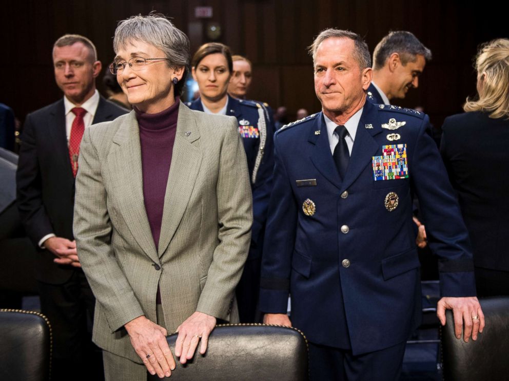 PHOTO: Secretary of the United States Air Force Heather Wilson and Chief of Staff of the Air Force Gen. David Goldfein prepare to testify during the Senate Armed Services Committee hearing on military housing, March 7, 2019.