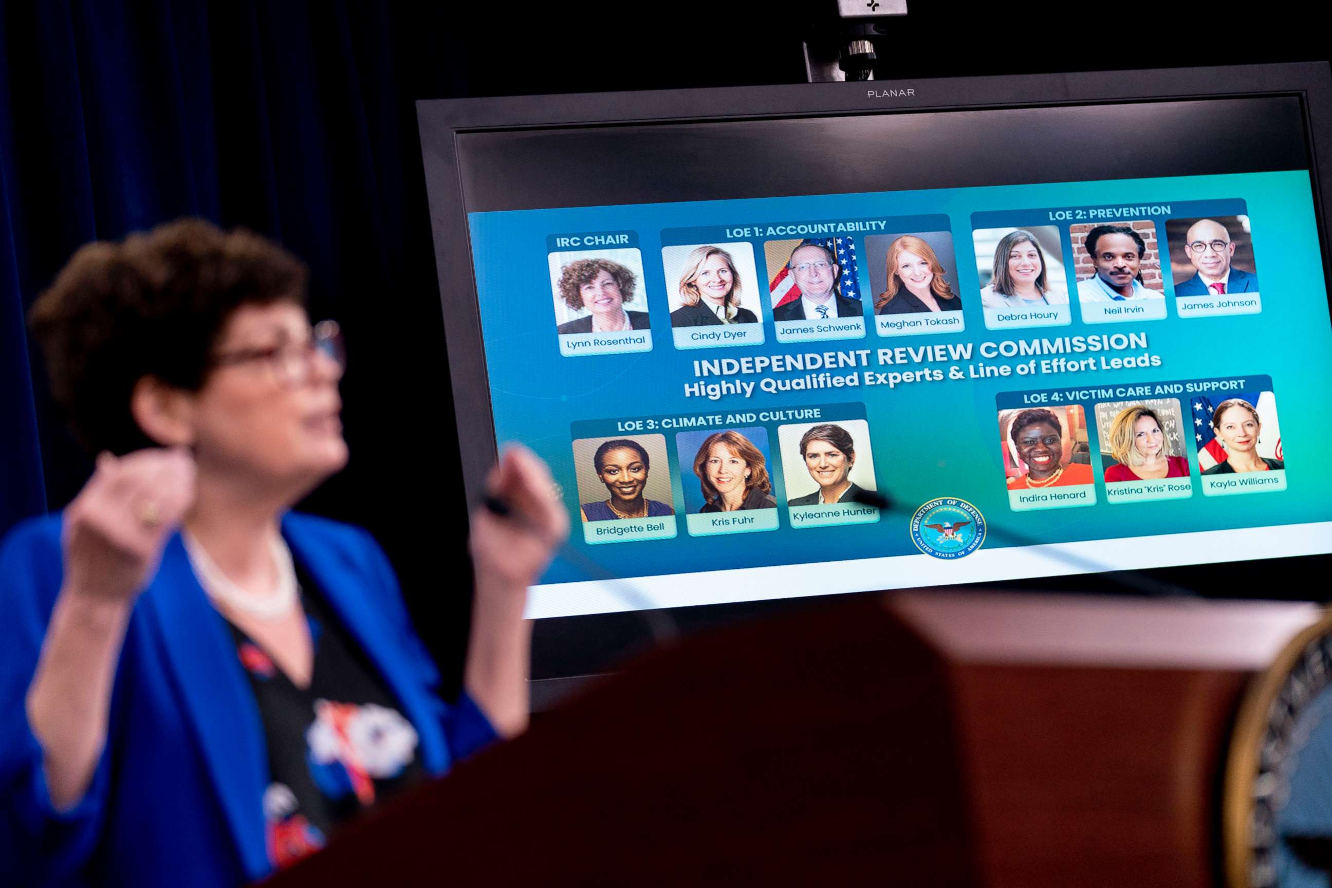 PHOTO: Members of the Department of Defense 90-Day Independent Review Commission on Sexual Assault in the Military are displayed next to Lynn Rosenthal, the chairwoman, as she speaks during a media briefing at the Pentagon on March 24, 2021.