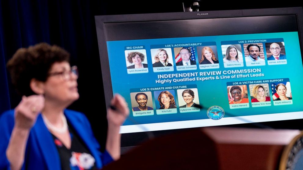 PHOTO: Members of the Department of Defense 90-Day Independent Review Commission on Sexual Assault in the Military are displayed next to Lynn Rosenthal, the chairwoman, as she speaks during a media briefing at the Pentagon on March 24, 2021.